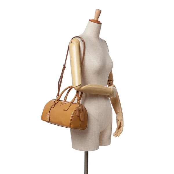 Pre-owned Prada Saffiano Vernice Satchel Brown