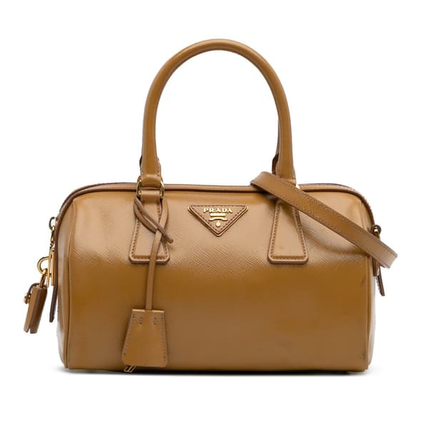 Pre-owned Prada Saffiano Vernice Satchel Brown