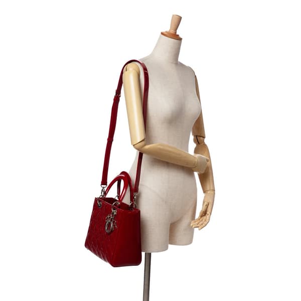 Pre-owned Dior Medium Patent Cannage Lady Dior Red