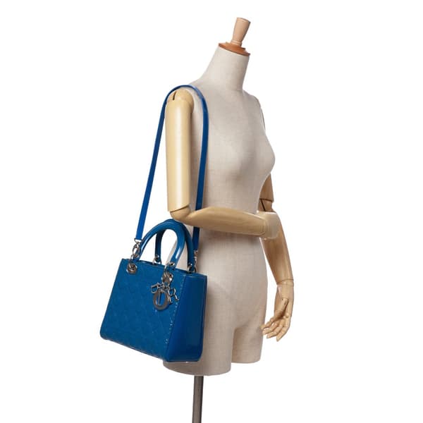 Pre-owned Dior Medium Patent Cannage Lady Dior Blue
