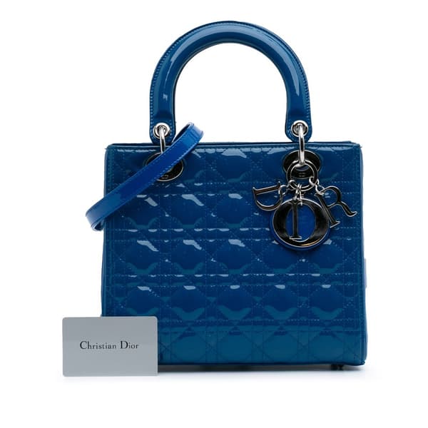 Pre-owned Dior Medium Patent Cannage Lady Dior Blue