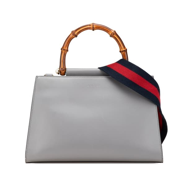 Pre-owned Gucci Small Bamboo Calfskin Nymphaea Satchel Gray