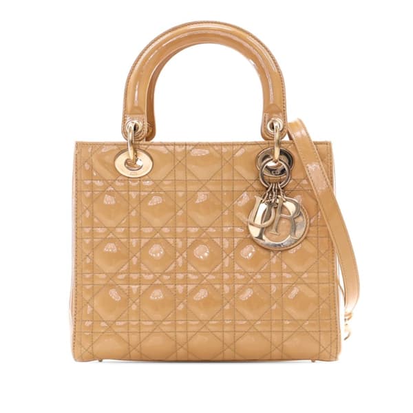 Pre-owned Dior Medium Patent Cannage Lady Dior Brown
