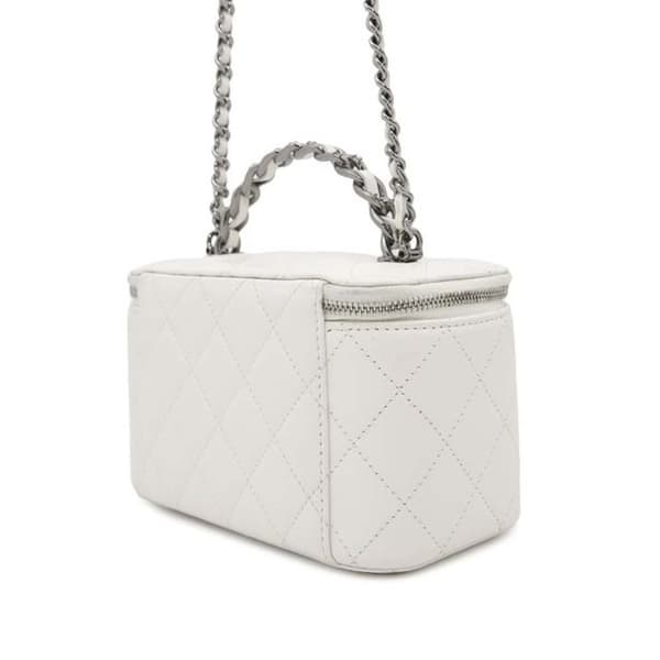 Pre-owned Chanel CC Quilted Lambskin Chain Top Handle Vanity Bag White