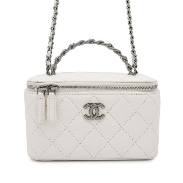 Pre-owned Chanel CC Quilted Lambskin Chain Top Handle Vanity Bag White