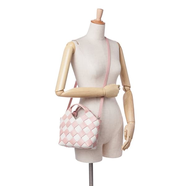 Pre-owned LOEWE Mini Woven Calfskin Gingham Basket Bag Pink
