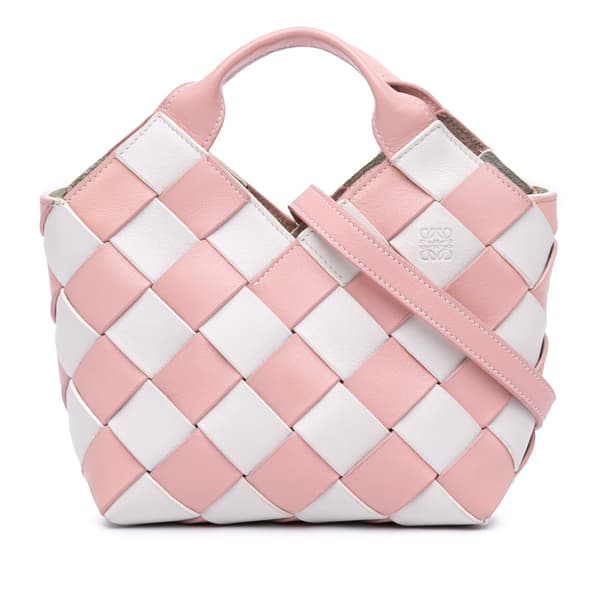 Pre-owned LOEWE Mini Woven Calfskin Gingham Basket Bag Pink