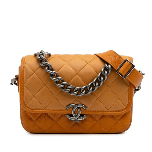 Pre-owned Chanel Small Quilted Iridescent Calfskin and Caviar Daily Carry Flap Orange