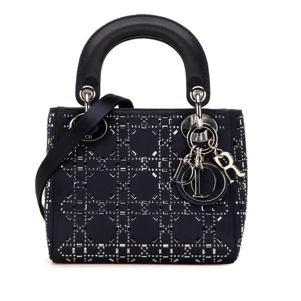 Pre-owned Dior Mini Satin Cannage Strass Crystal Embellished Lady Dior Blue