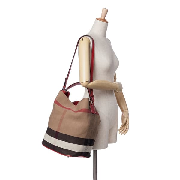 Pre-owned Burberry Medium Mega Check Canvas Ashby Bucket Bag Brown