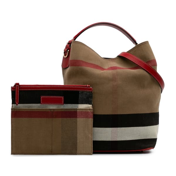 Pre-owned Burberry Medium Mega Check Canvas Ashby Bucket Bag Brown