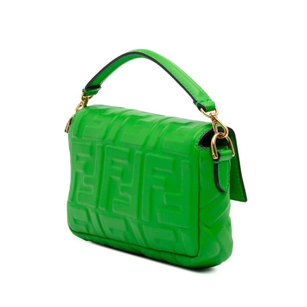 Pre-owned Fendi Mini Zucca Embossed Leather Baguette Satchel Green