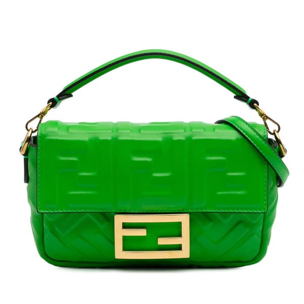 Pre-owned Fendi Mini Zucca Embossed Leather Baguette Satchel Green