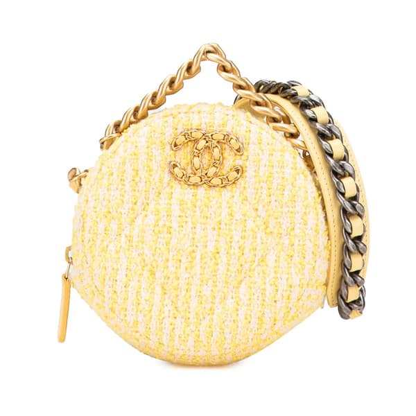 Pre-owned Chanel Tweed 19 Round Clutch with Chain Yellow