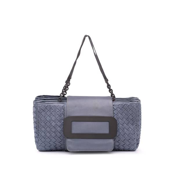 Pre-owned Bottega Veneta Canvas Intrecciato Buckle Flap Handbag Blue