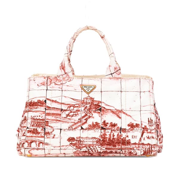 Pre-owned Prada Large Canvas Canapa Azulejos Satchel Red
