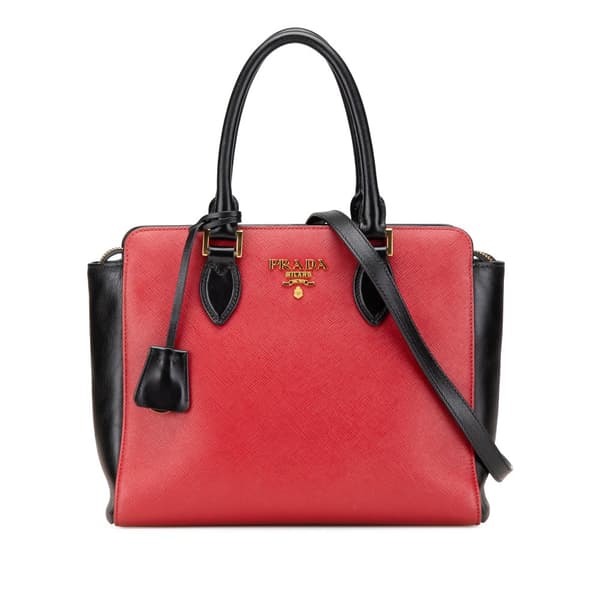 Pre-owned Prada Bicolor Soft Calf Trimmed Saffiano Satchel Red