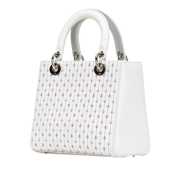 Pre-owned Dior Medium Calfskin Embroidered Flower Lady Dior White