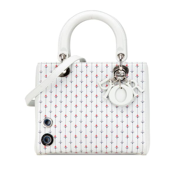 Pre-owned Dior Medium Calfskin Embroidered Flower Lady Dior White