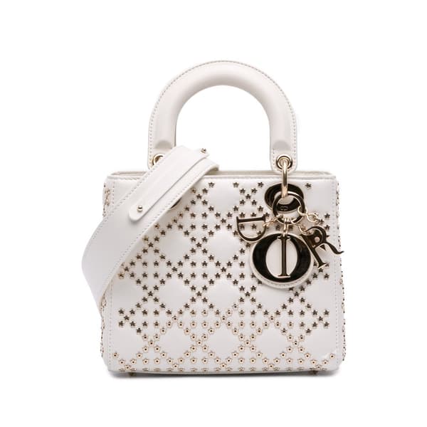 Pre-owned Dior Small Lambskin Cannage Lucky Star Studded Lady Dior White