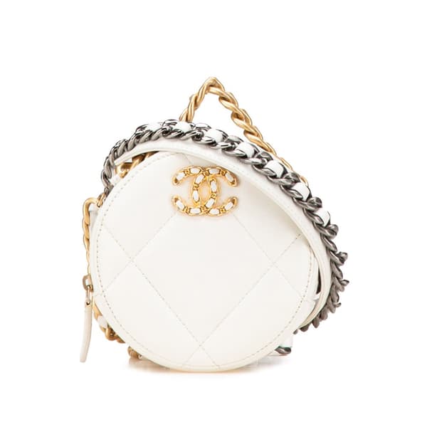 Pre-owned Chanel Lambskin 19 Round Clutch with Chain White