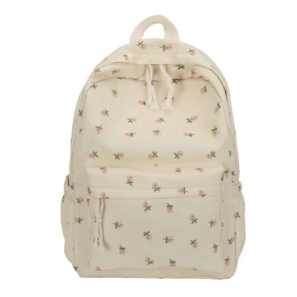 Blommönstrad Ryggsäck, Dubbelsidig Dragkedja, Rymlig Design,Beige Färg