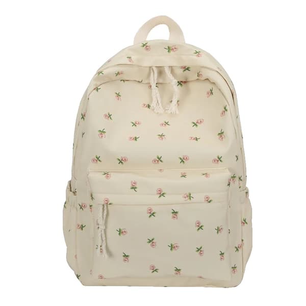Blommönstrad Ryggsäck, Dubbelsidig Dragkedja, Rymlig Design,Beige Färg