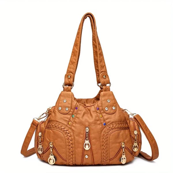 Design Hobo Axelväska, Nitar Dekor, Tygmaterial,Brun