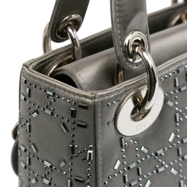 Pre-owned Dior Mini Satin Cannage Strass Crystal Embellished Lady Dior Gray