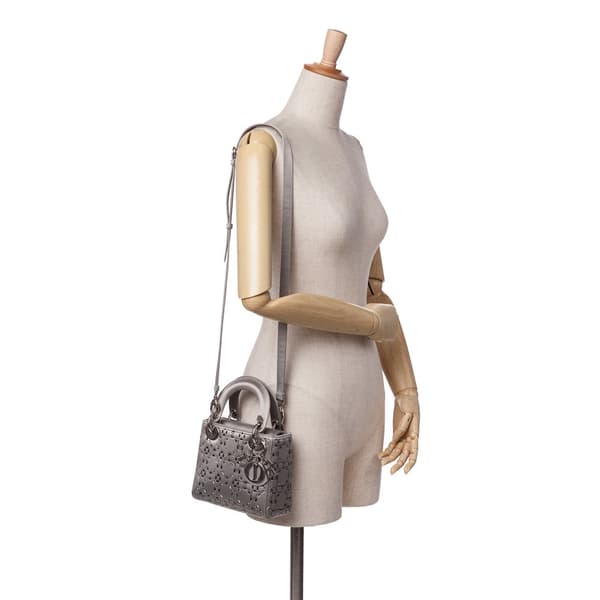 Pre-owned Dior Mini Satin Cannage Strass Crystal Embellished Lady Dior Gray