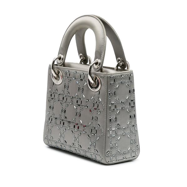 Pre-owned Dior Mini Satin Cannage Strass Crystal Embellished Lady Dior Gray
