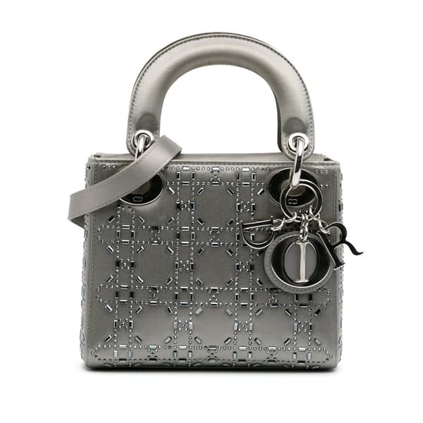 Pre-owned Dior Mini Satin Cannage Strass Crystal Embellished Lady Dior Gray