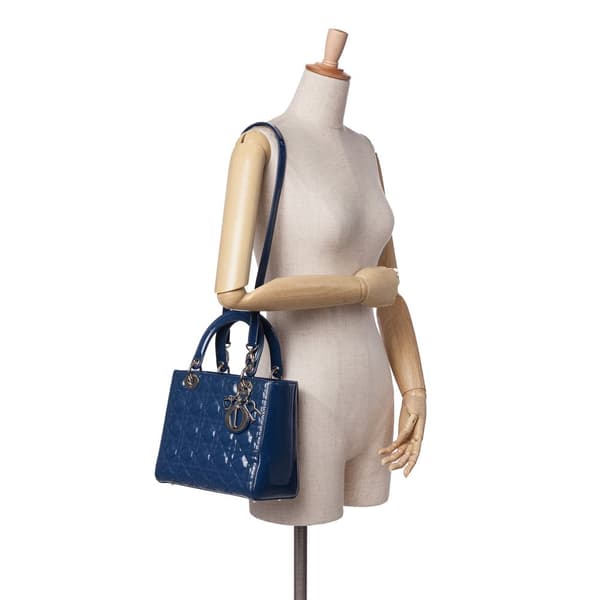 Pre-owned Dior Medium Patent Cannage Lady Dior Blue
