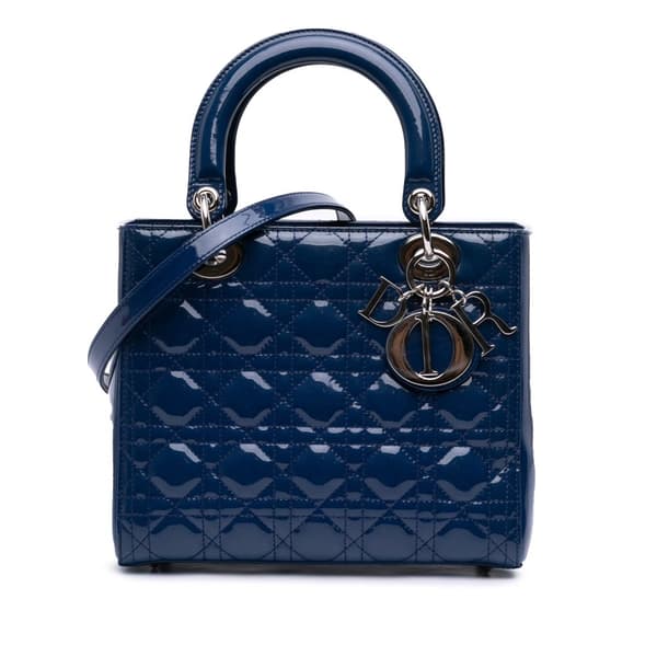 Pre-owned Dior Medium Patent Cannage Lady Dior Blue