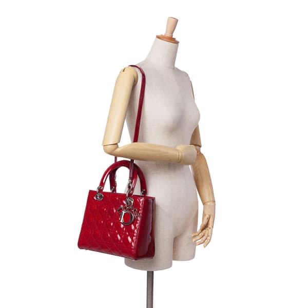 Pre-owned Dior Medium Patent Cannage Lady Dior Red