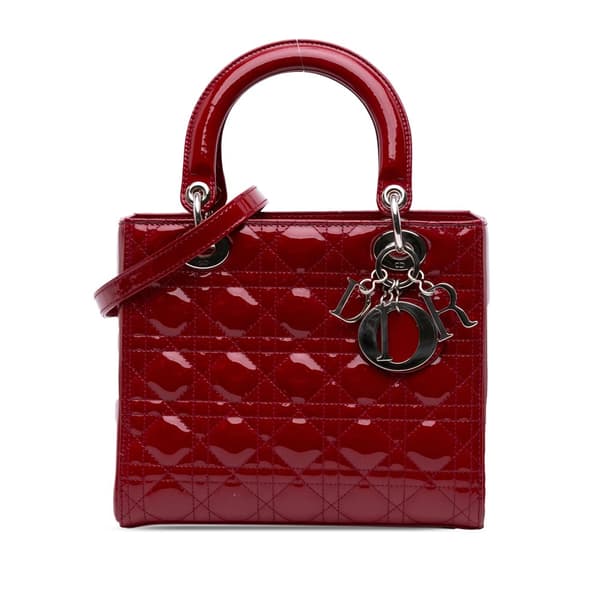 Pre-owned Dior Medium Patent Cannage Lady Dior Red