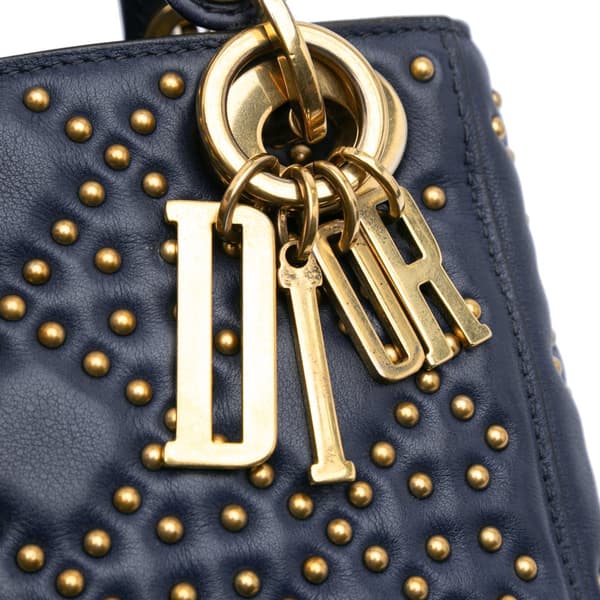 Pre-owned Dior Mini Lambskin Cannage Studded Supple Lady Dior Blue