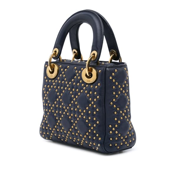 Pre-owned Dior Mini Lambskin Cannage Studded Supple Lady Dior Blue