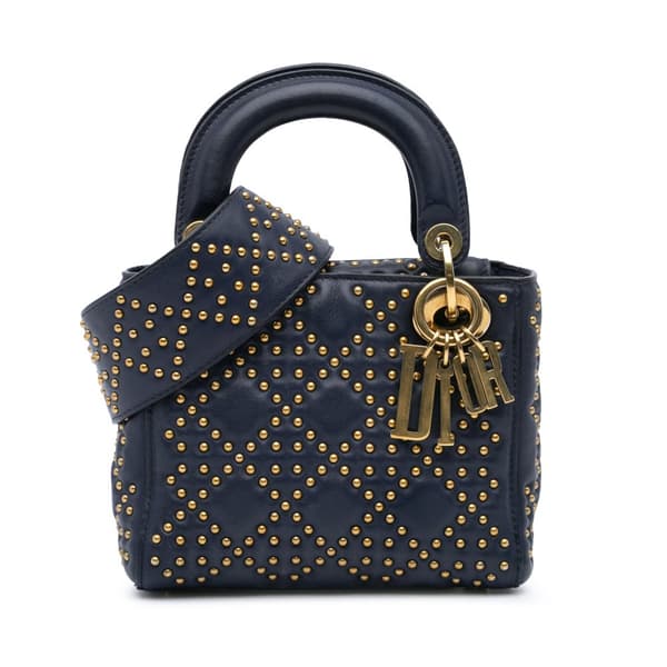 Pre-owned Dior Mini Lambskin Cannage Studded Supple Lady Dior Blue