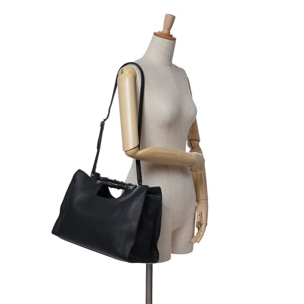 Pre-owned Gucci Medium Calfskin Bamboo Daily Shopper Satchel Black