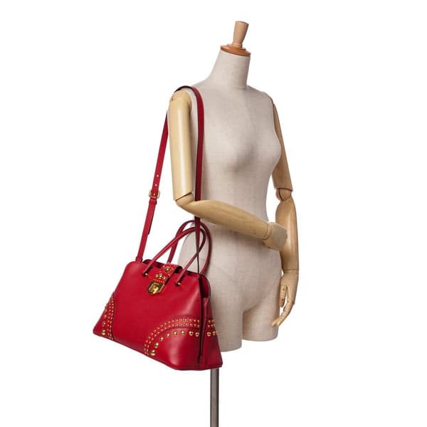Pre-owned Prada Studded Saffiano Cuir Promenade Satchel Red