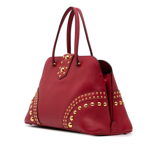 Pre-owned Prada Studded Saffiano Cuir Promenade Satchel Red