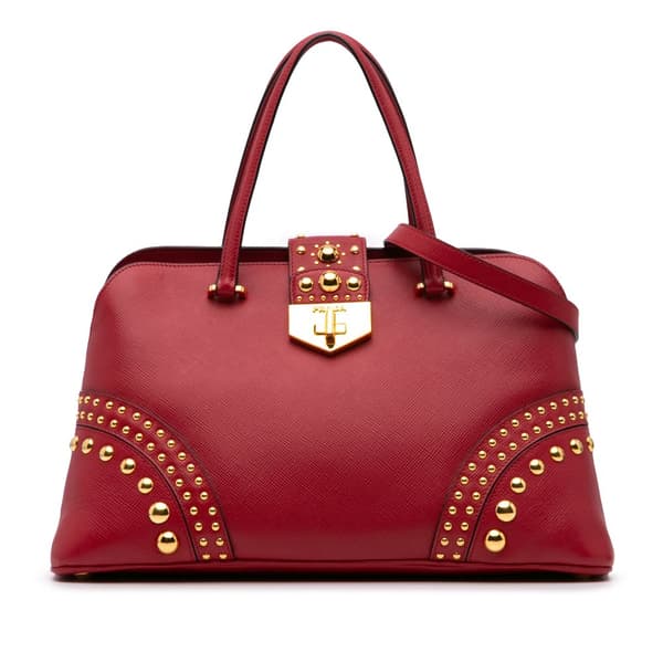 Pre-owned Prada Studded Saffiano Cuir Promenade Satchel Red