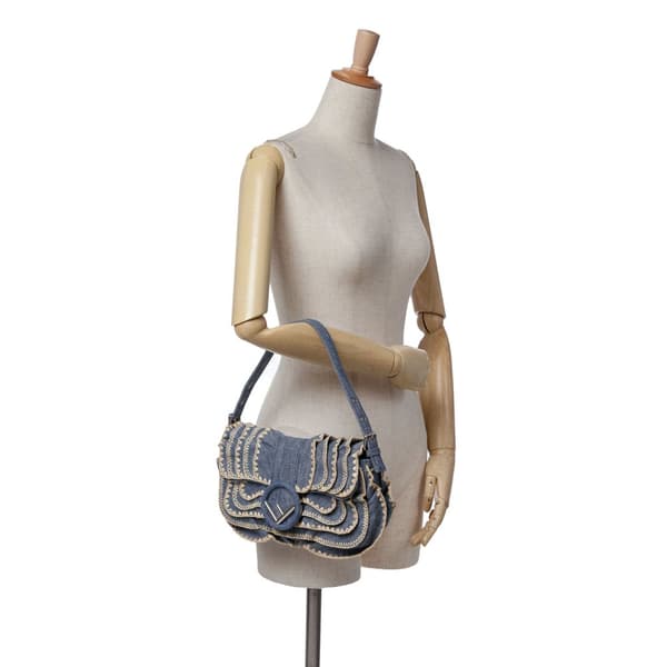 Pre-owned Fendi Embroidered Denim Ruffled F is Fendi Kan I Baguette Blue