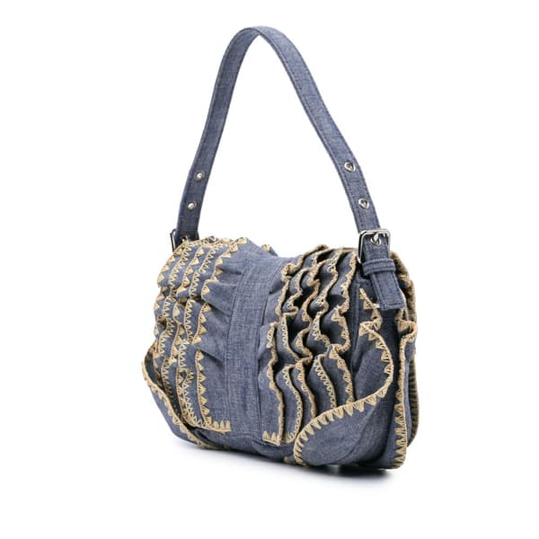Pre-owned Fendi Embroidered Denim Ruffled F is Fendi Kan I Baguette Blue