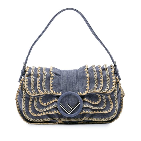 Pre-owned Fendi Embroidered Denim Ruffled F is Fendi Kan I Baguette Blue