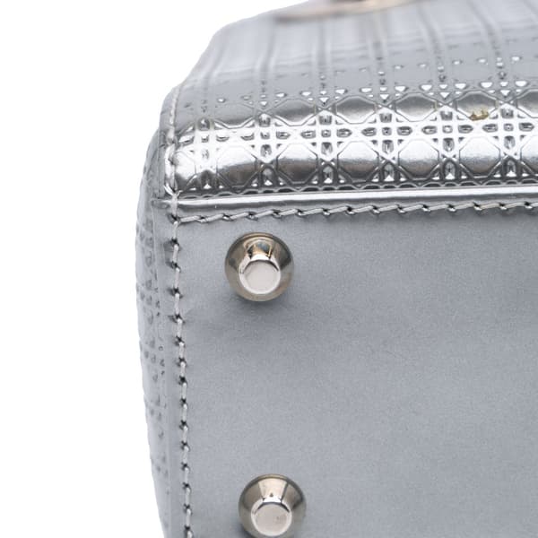 Pre-owned Dior Mini Metallic Patent Microcannage Lady Dior Silver