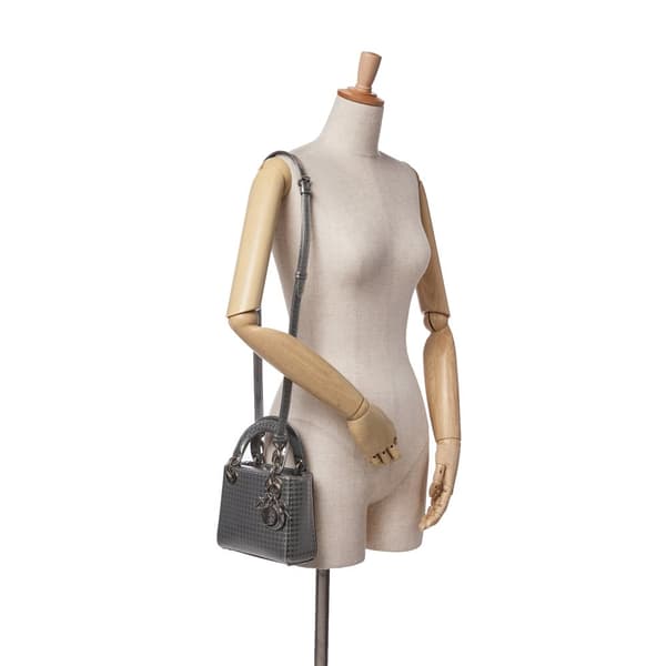 Pre-owned Dior Mini Metallic Patent Microcannage Lady Dior Silver