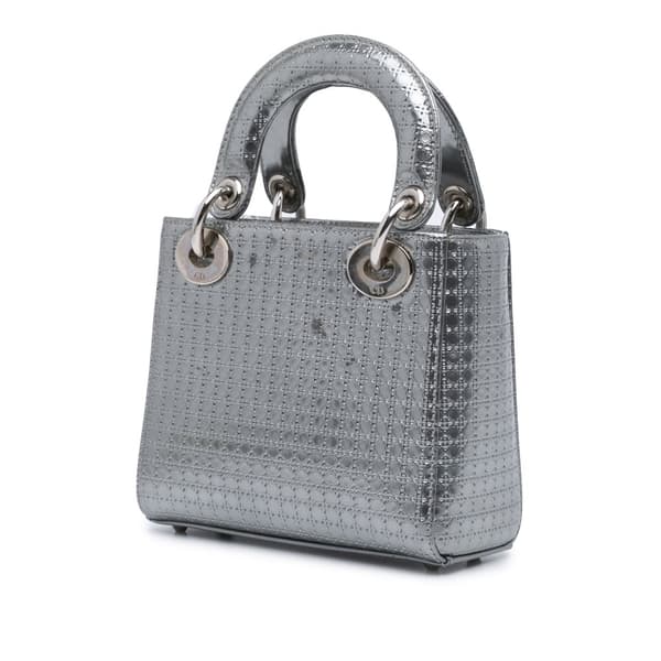 Pre-owned Dior Mini Metallic Patent Microcannage Lady Dior Silver