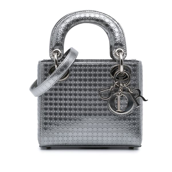 Pre-owned Dior Mini Metallic Patent Microcannage Lady Dior Silver